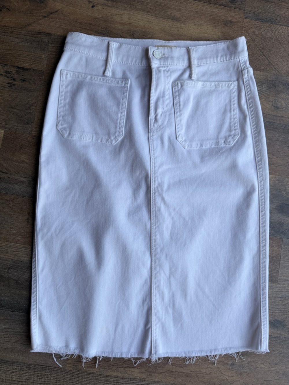 MOTHER "Patchie" Stretch Denim Straight Skirt Raw Hem in White 27
